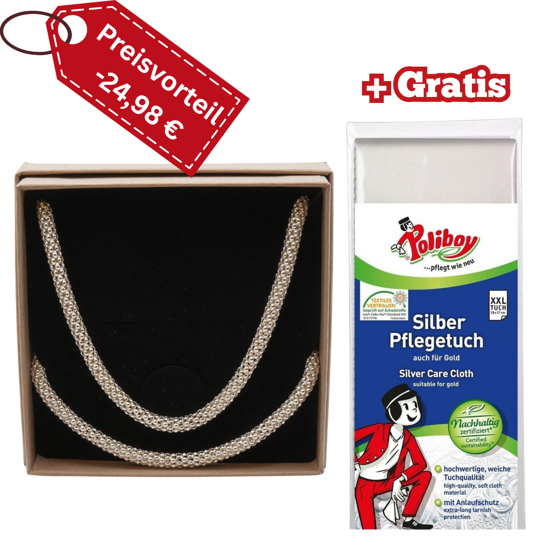 925 Silber Popcorn Halskette + Armkette-Set mit Gratis-Pflegtuch