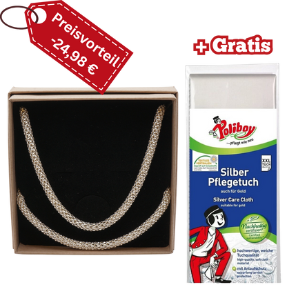 925 Silber Popcorn Halskette + Armkette-Set mit Gratis-Pflegtuch