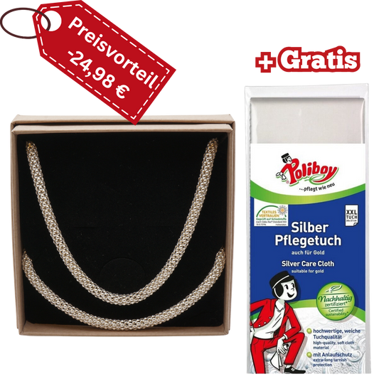 925 Silber Popcorn Halskette + Armkette-Set mit Gratis-Pflegtuch