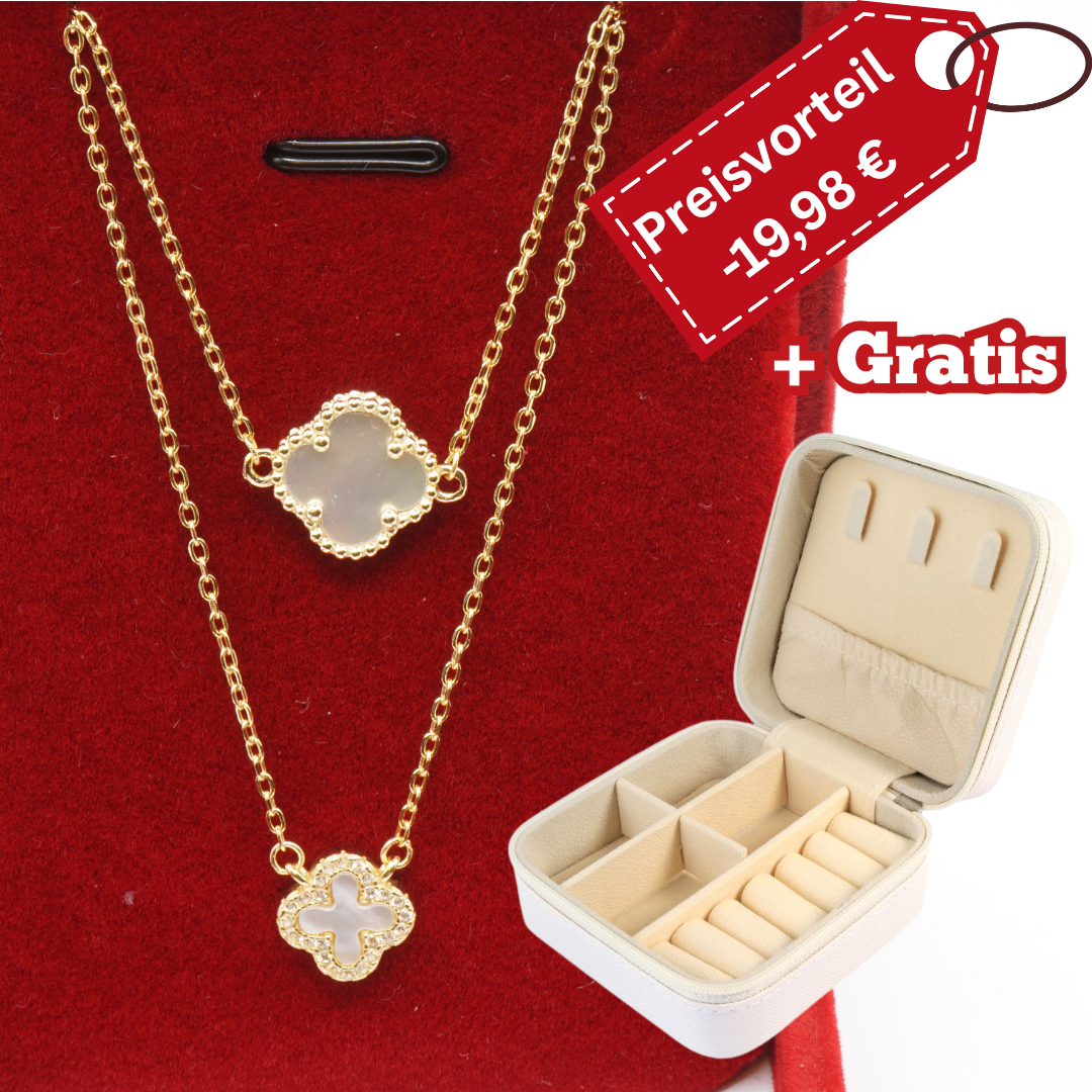 925 Silber vergoldet  – Damen-Set Kleeblatt Perlmutt Halskette + Armband + Gratis Etui + Schmuckbox