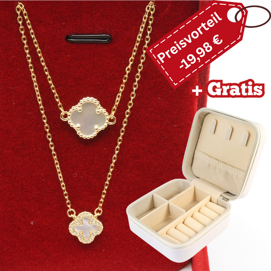 925 Silber vergoldet  – Damen-Set Kleeblatt Perlmutt Halskette + Armband + Gratis Etui + Schmuckbox