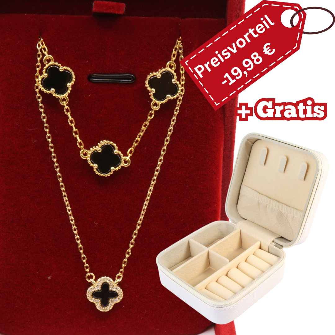 925 Silber vergoldet – Damen-Set Kleeblatt Onyx Halskette + Armband + Gratis Etui + Schmuckbox