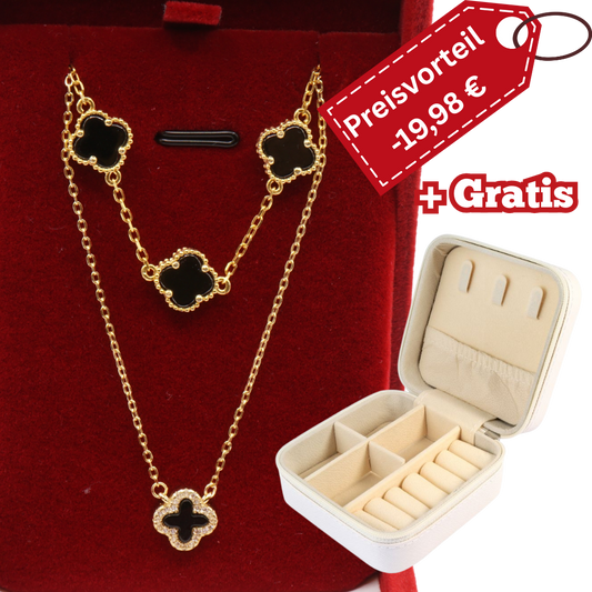 925 Silber vergoldet – Damen-Set Kleeblatt Onyx Halskette + Armband + Gratis Etui + Schmuckbox
