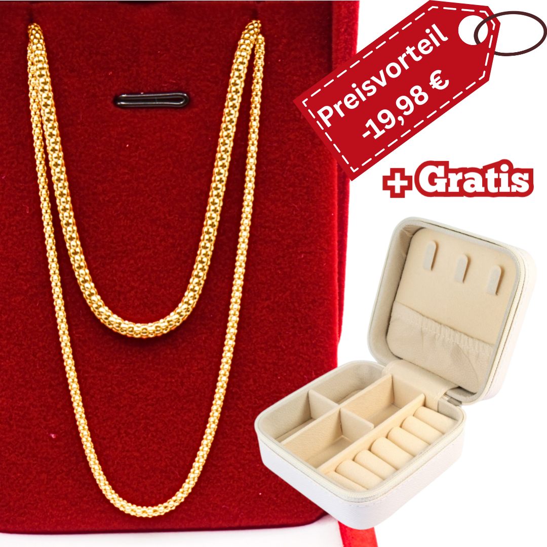 925 Silber vergoldet – Damen-Set Popcorn Halskette + Armband + Gratis Etui + Schmuckbox