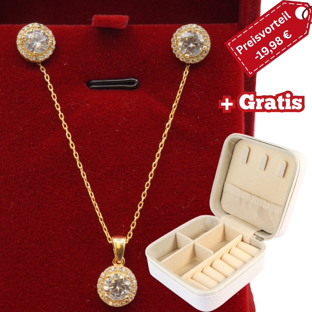 925 Silber vergoldet – Damen-Set Halskette + Ohrringe mit Zirkonia + Gratis Etui + Schmuckbox