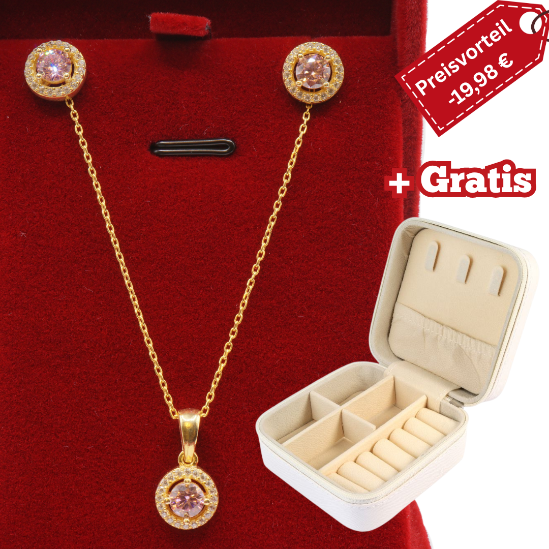 925 Silber vergoldet – Damen-Set Rosa Halskette + Ohrringe mit Zirkonia + Gratis Etui + Schmuckbox