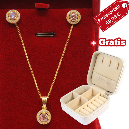 925 Silber vergoldet – Damen-Set Rosa Halskette + Ohrringe mit Zirkonia + Gratis Etui + Schmuckbox