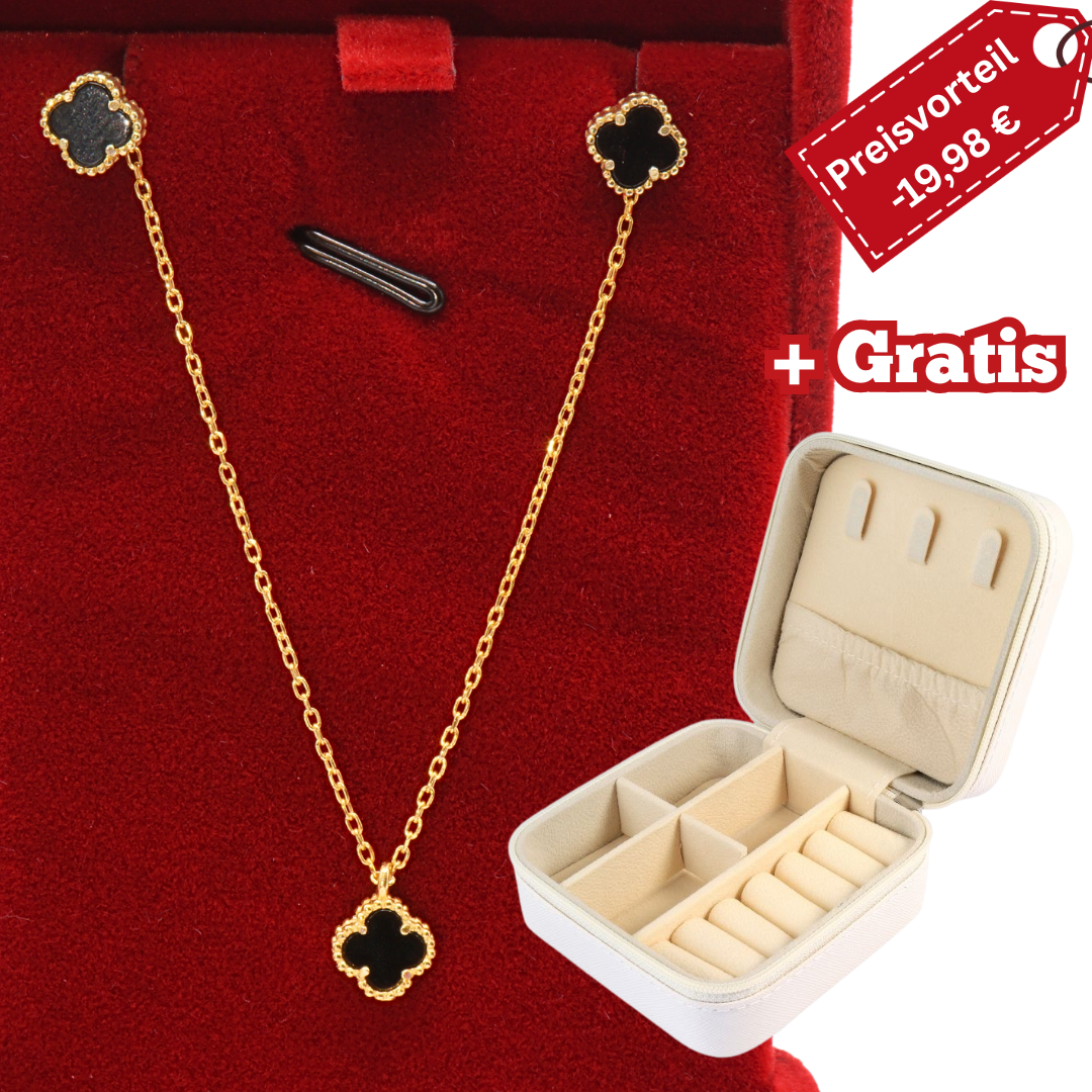 925 Silber vergoldet  – Damen-Set Halskette + Ohrringe mit Onyx-Kleeblatt + Gratis Etui + Schmuckbox