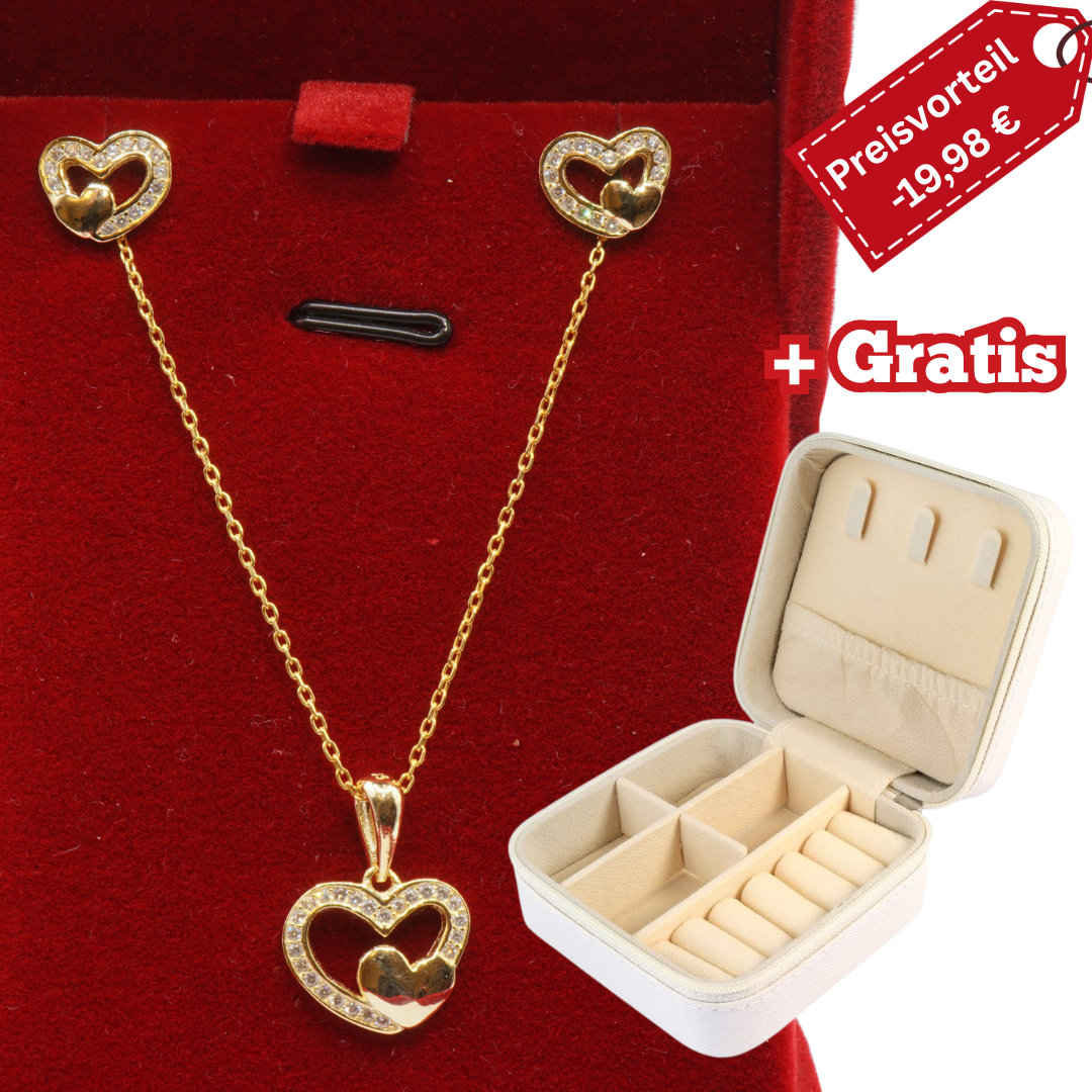 925 Silber vergoldet – Damen-Set Halskette + Ohrringe mit Herz + Zirkonia + Gratis Etui + Schmuckbox