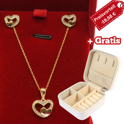 925 Silber vergoldet – Damen-Set Halskette + Ohrringe mit Herz + Zirkonia + Gratis Etui + Schmuckbox