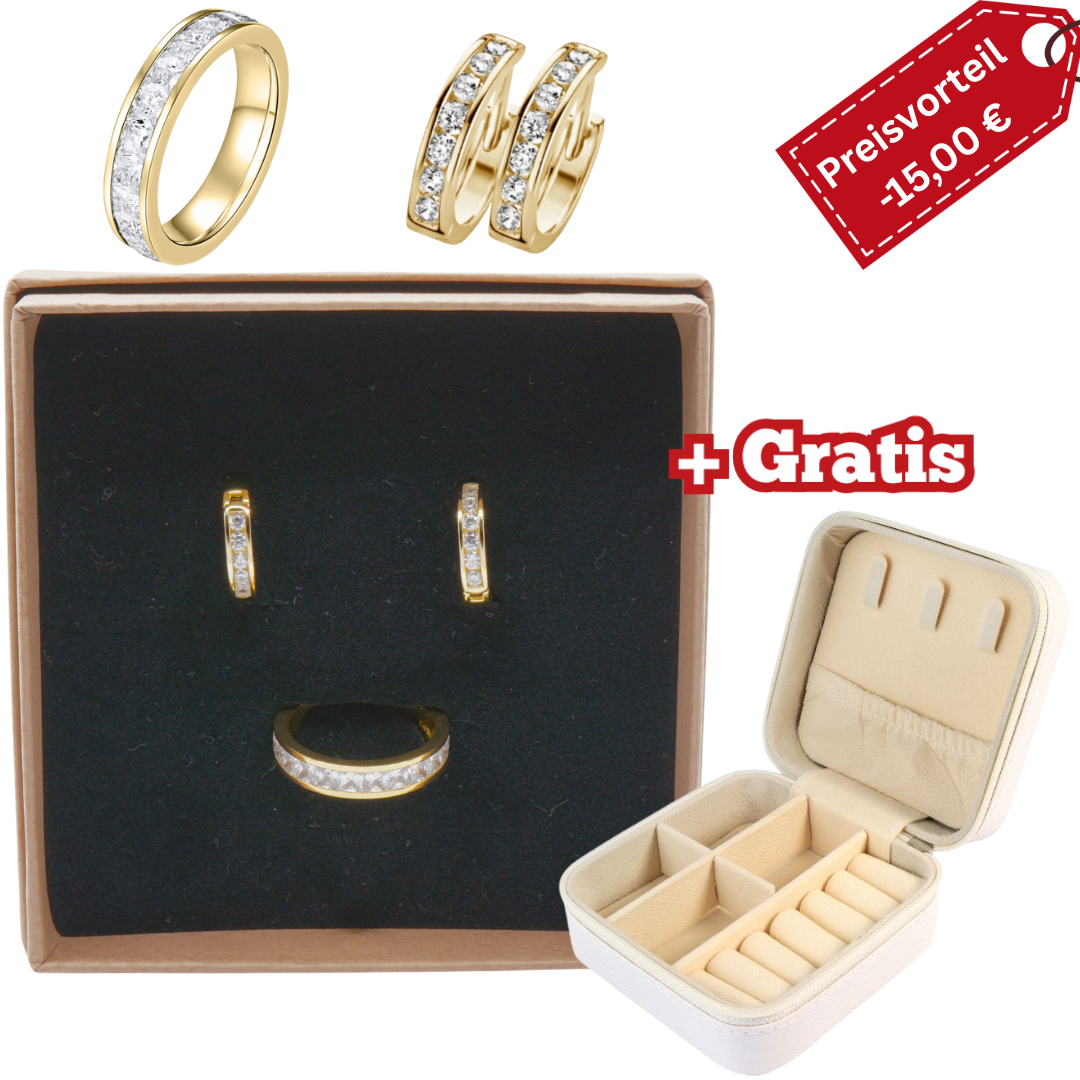 925 Silber vergoldet – Damen-Set Zirkonia-Ring + Creolen + Gratis Etui + Argemia Schmuckbox