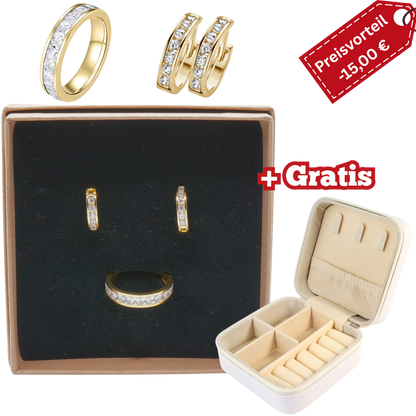 925 Silber vergoldet – Damen-Set Zirkonia-Ring + Creolen + Gratis Etui + Argemia Schmuckbox
