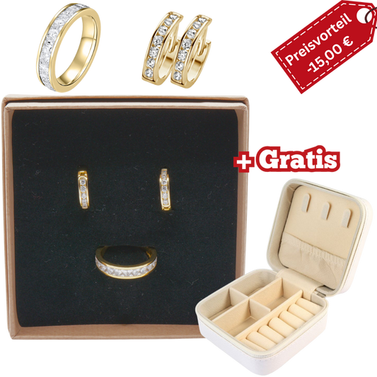 925 Silber vergoldet – Damen-Set Zirkonia-Ring + Creolen + Gratis Etui + Argemia Schmuckbox