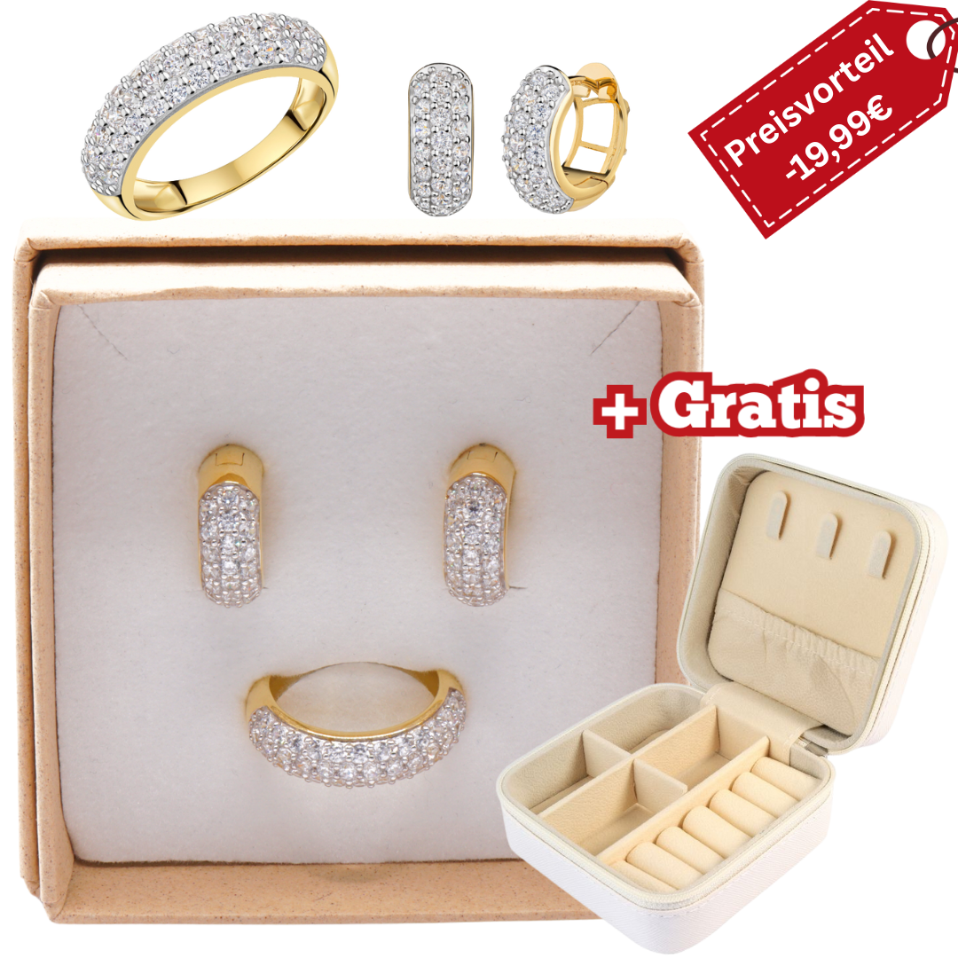 925 Silber vergoldet – Damen-Set mit Zirkonia-Ring + Creolen + Gratis Etui + Argemia Schmuckbox