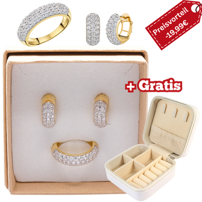 925 Silber vergoldet – Damen-Set mit Zirkonia-Ring + Creolen + Gratis Etui + Argemia Schmuckbox