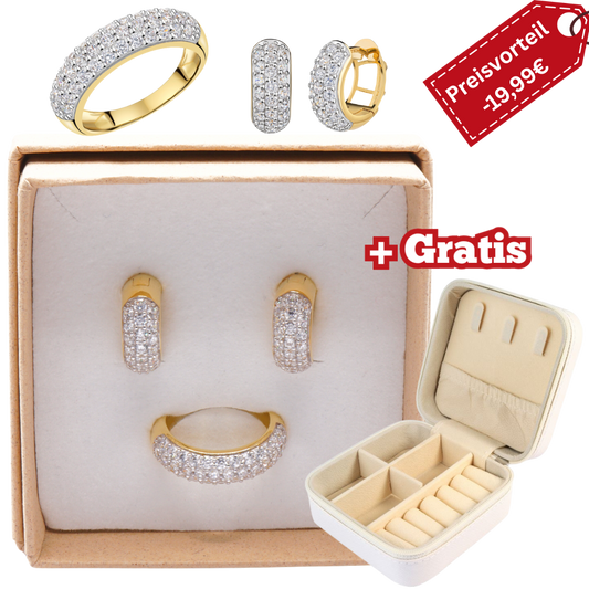 925 Silber vergoldet – Damen-Set mit Zirkonia-Ring + Creolen + Gratis Etui + Argemia Schmuckbox