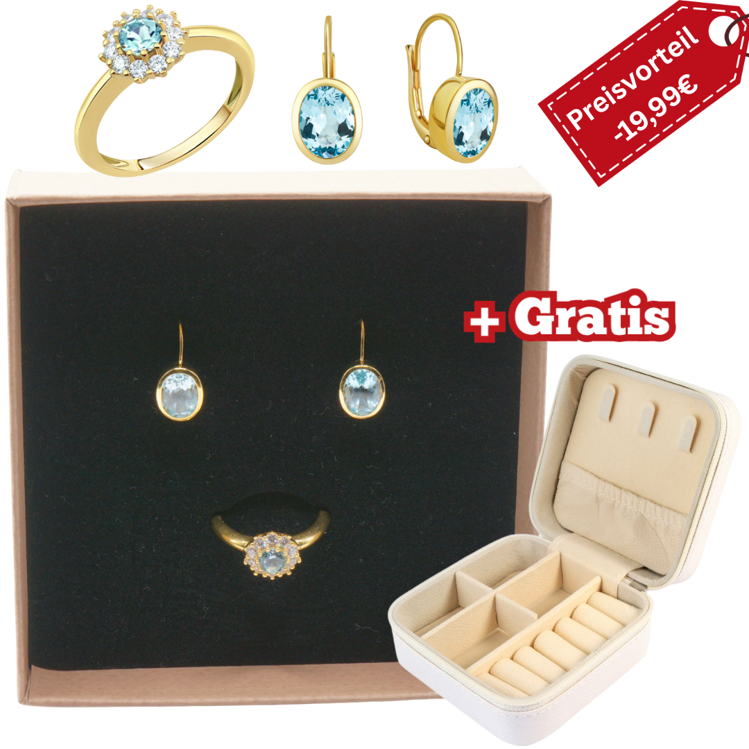 925 Silber vergoldet – Damen-Set mit echtem Blautopas + Zirkonia + Gratis Etui + Argemia Schmuckbox