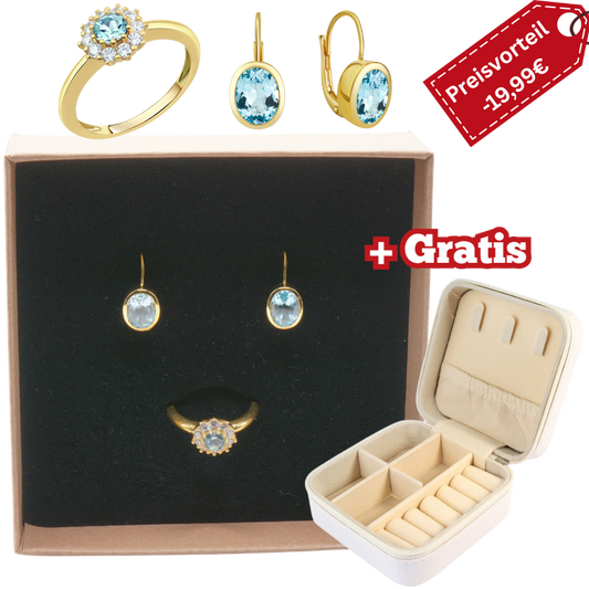 925 Silber vergoldet – Damen-Set mit echtem Blautopas + Zirkonia + Gratis Etui + Argemia Schmuckbox