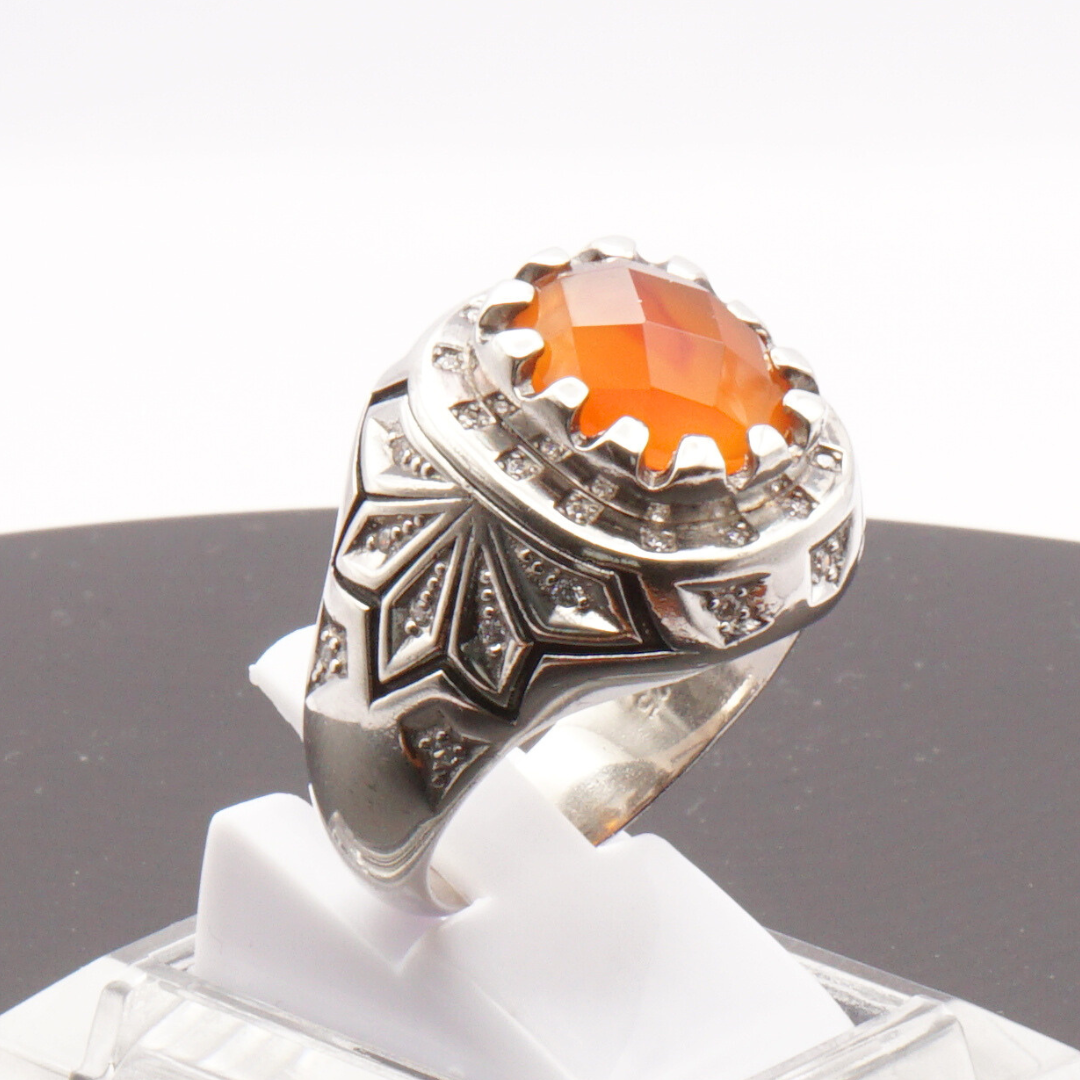 925 Silber Herren Aqeeq Ring Yamani - Jemen-Karneol - Achat  - Handarbeit - Massiv