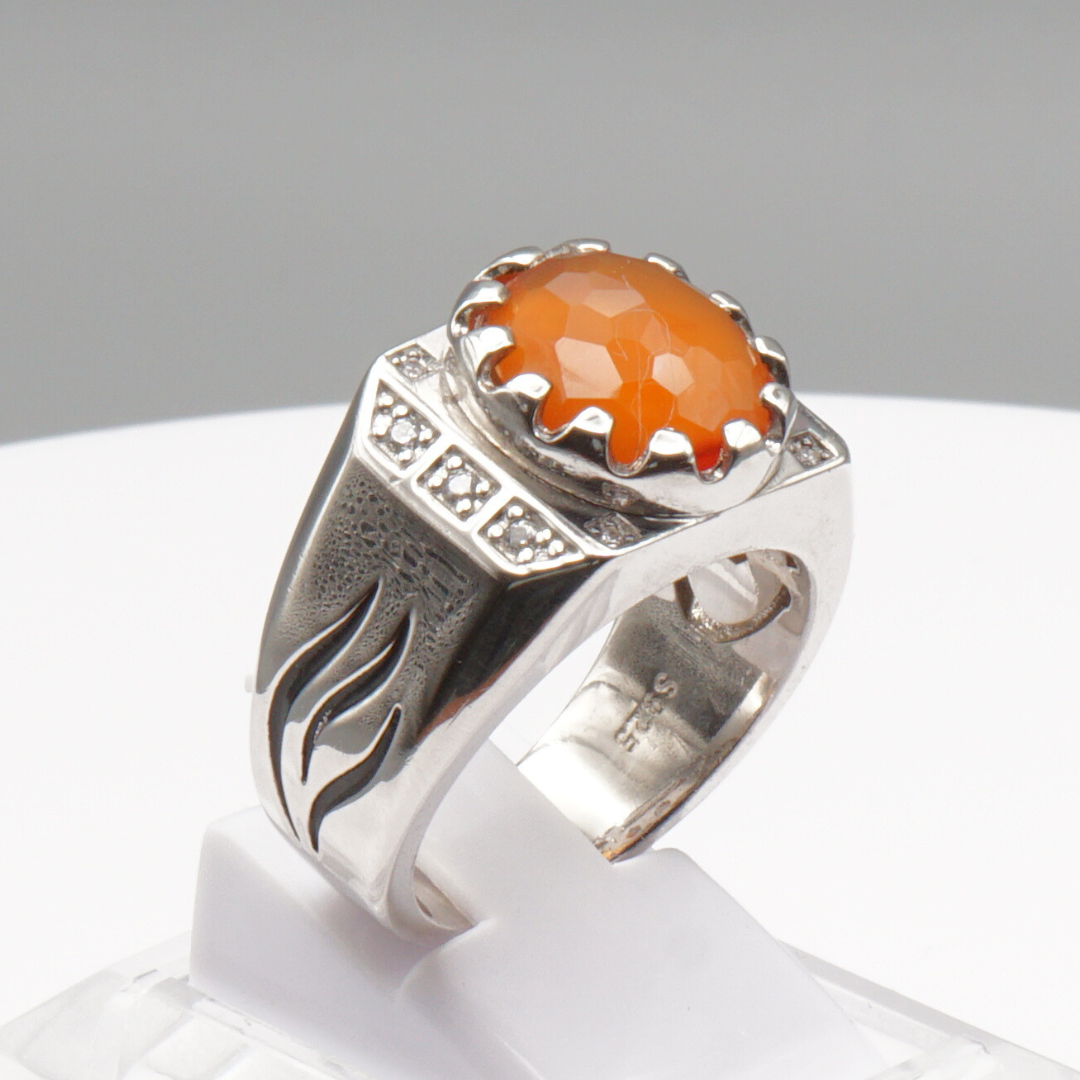 925 Silber Herren Aqeeq Ring Yamani - Jemen Karneol - Achat  - Handarbeit - Massiv