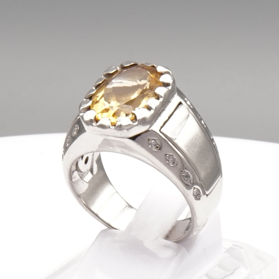 Massiver 925 Silberring mit echtem Citrin und 16 Zirkonia-Steinen – Handarbeit