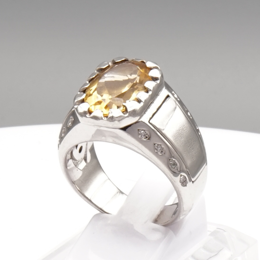Massiver 925 Silberring mit echtem Citrin und 16 Zirkonia-Steinen – Handarbeit