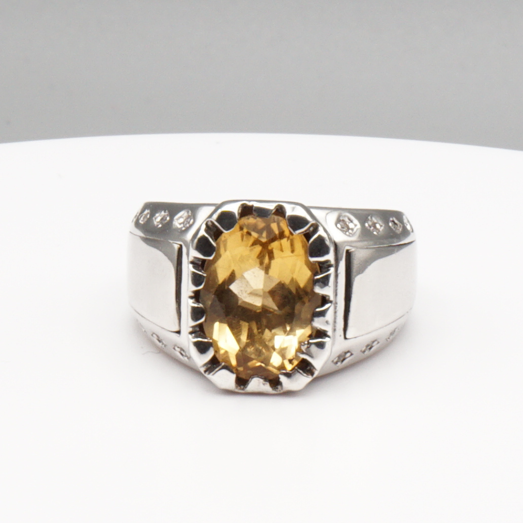 Massiver 925 Silberring mit echtem Citrin und 16 Zirkonia-Steinen – Handarbeit