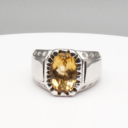 Massiver 925 Silberring mit echtem Citrin und 16 Zirkonia-Steinen – Handarbeit