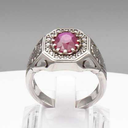 925 Silberring mit echtem Rubin und 16 Zirkonia-Steinen
