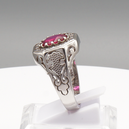925 Silberring mit echtem Rubin und 16 Zirkonia-Steinen