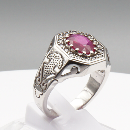 925 Silberring mit echtem Rubin und 16 Zirkonia-Steinen