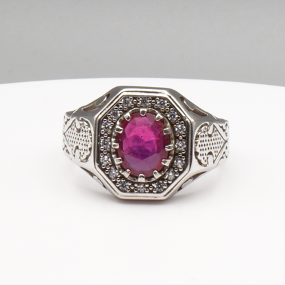 925 Silberring mit echtem Rubin und 16 Zirkonia-Steinen