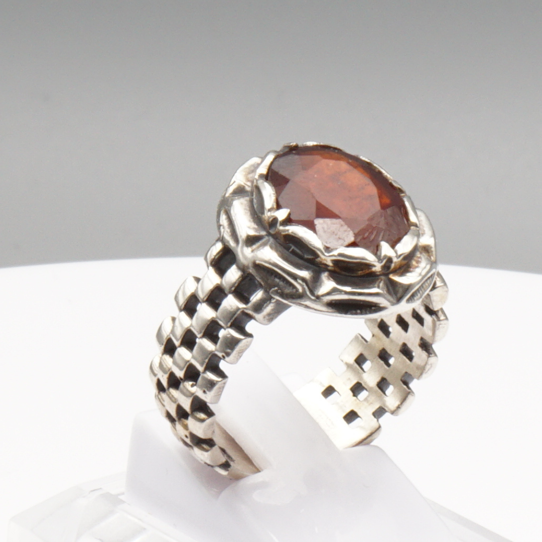 925 Silber Massiver Herrenring mit echtem Granat - Handarbeit