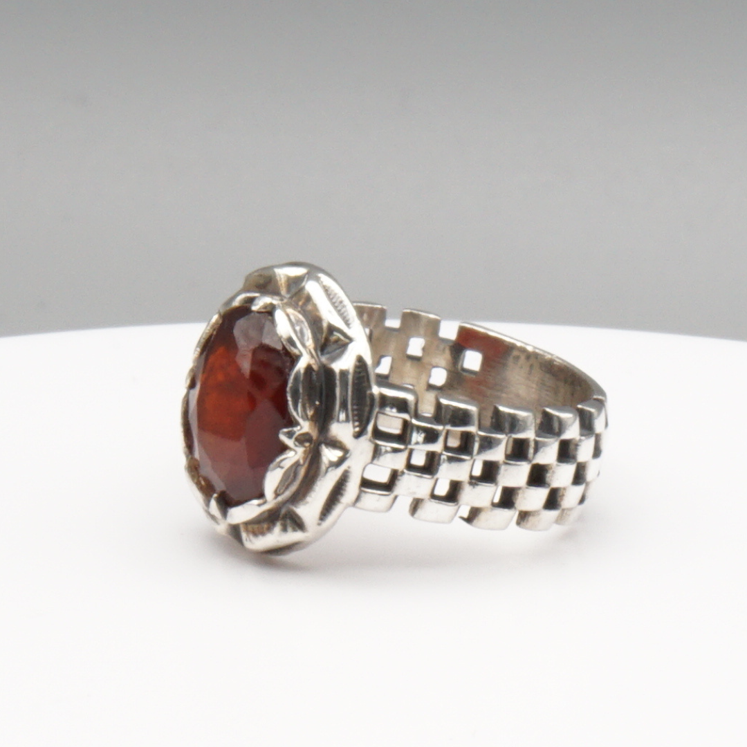 925 Silber Massiver Herrenring mit echtem Granat - Handarbeit