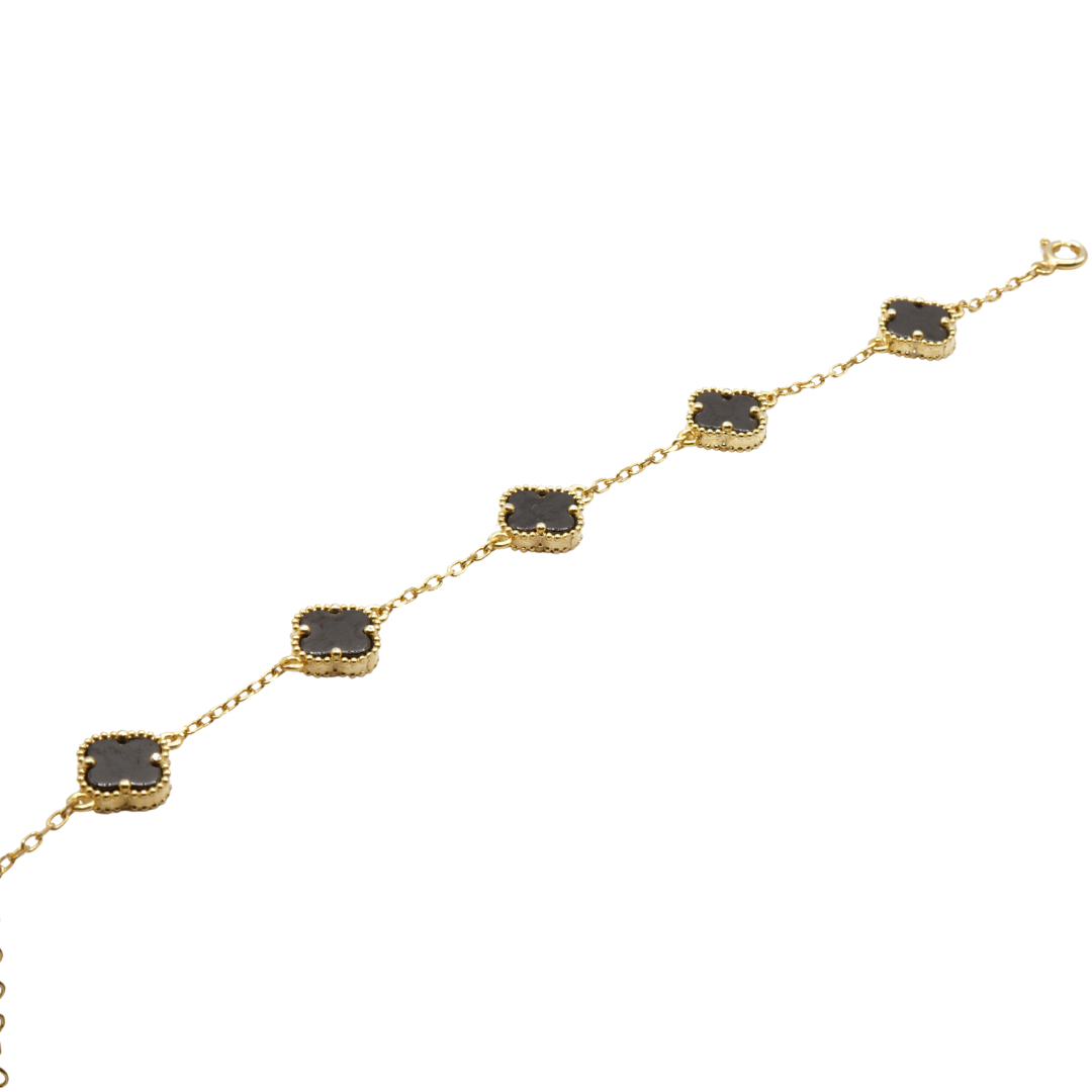 925 Silber vergoldet – Damen-Set Kleeblatt Onyx Halskette + Armband + Gratis Etui + Schmuckbox