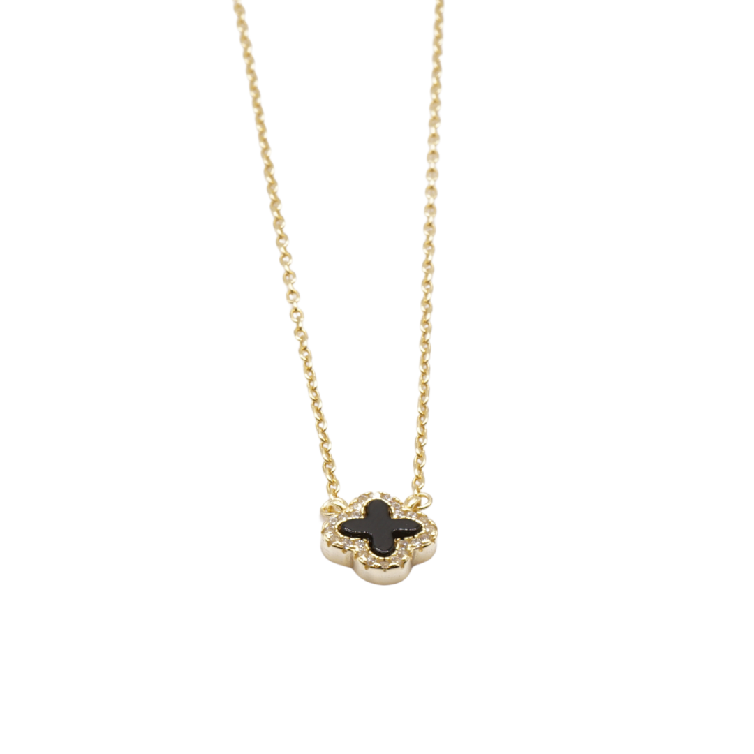 925 Silber vergoldet – Damen-Set Kleeblatt Onyx Halskette + Armband + Gratis Etui + Schmuckbox