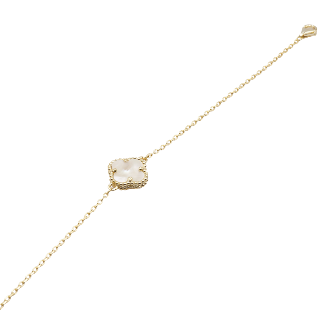 925 Silber vergoldet  – Damen-Set Kleeblatt Perlmutt Halskette + Armband + Gratis Etui + Schmuckbox