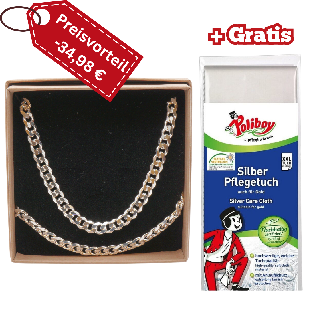925 Silber Herren-Set – Panzerkette + Armband + Gratis Poliboy Pflegetuch