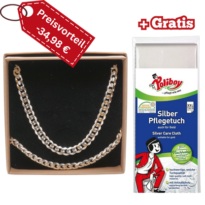 925 Silber Herren-Set – Panzerkette + Armband + Gratis Poliboy Pflegetuch