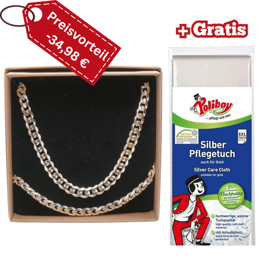 925 Silber Herren-Set – Panzerkette + Armband + Gratis Poliboy Pflegetuch