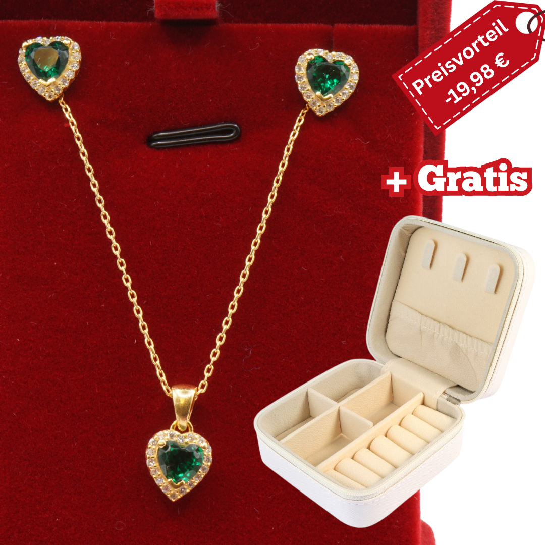 925 Silber vergoldet – Damen-Set Halskette + Ohrringe mit smaragdgrünem Zirkonia-Herz + Gratis Etui + Schmuckbox