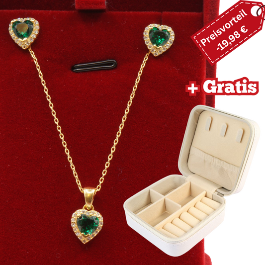 925 Silber vergoldet – Damen-Set Halskette + Ohrringe mit smaragdgrünem Zirkonia-Herz + Gratis Etui + Schmuckbox