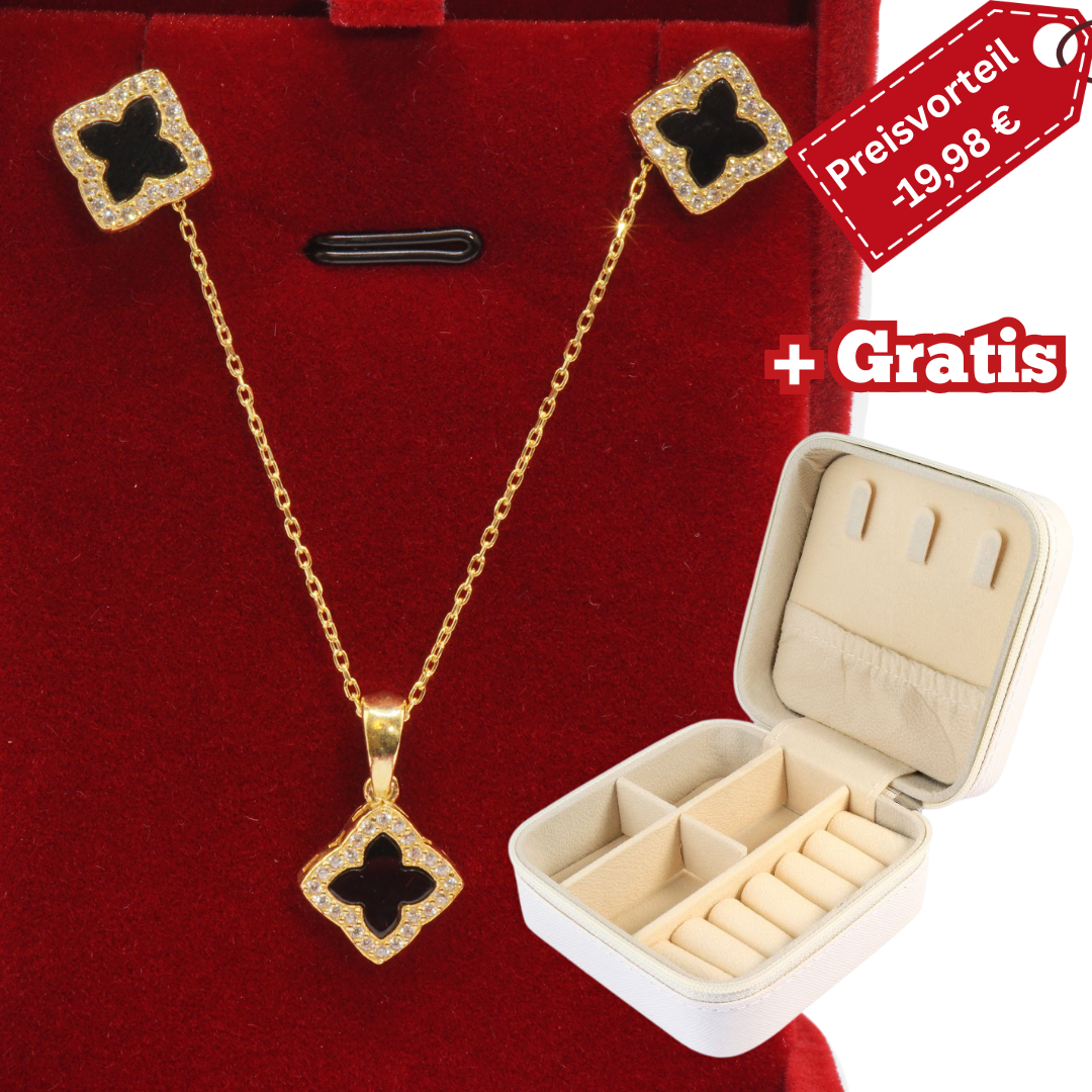 925 Silber vergoldet – Damen-Set Halskette + Ohrringe mit Onyx-Kleeblatt + Zirkonia + Gratis Etui +Schmuckbox