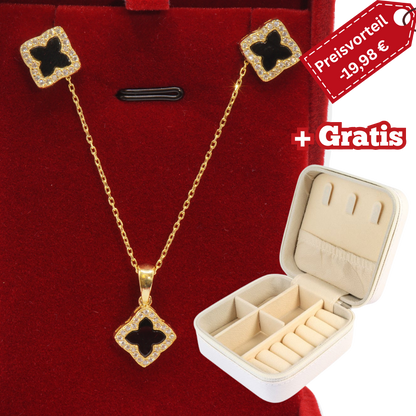 925 Silber vergoldet – Damen-Set Halskette + Ohrringe mit Onyx-Kleeblatt + Zirkonia + Gratis Etui +Schmuckbox