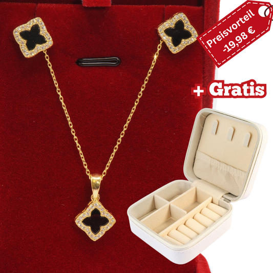925 Silber vergoldet – Damen-Set Halskette + Ohrringe mit Onyx-Kleeblatt + Zirkonia + Gratis Etui +Schmuckbox