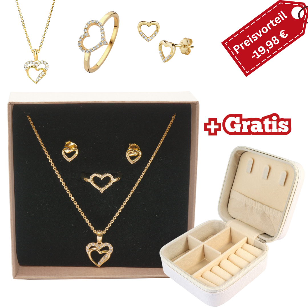 925 Silber vergoldet – Damen-Schmuck-Set Herz - Zirkonia + Gratis Etui + Argemia Schmuckbox