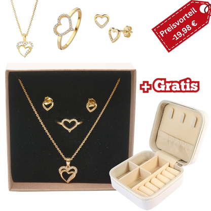 925 Silber vergoldet – Damen-Schmuck-Set Herz - Zirkonia + Gratis Etui + Argemia Schmuckbox