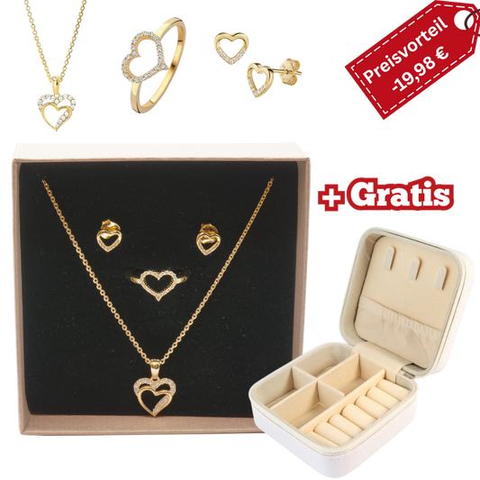 925 Silber vergoldet – Damen-Schmuck-Set Herz - Zirkonia + Gratis Etui + Argemia Schmuckbox